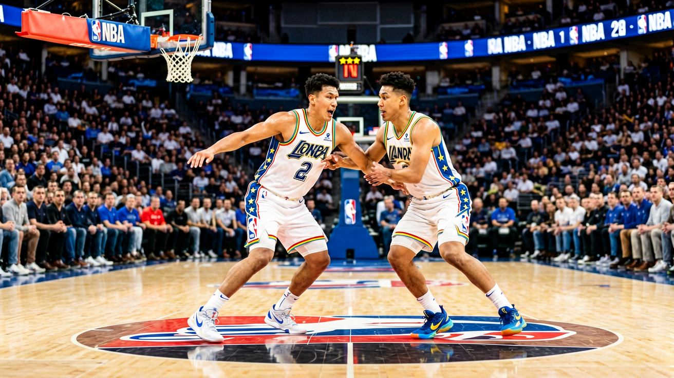 NBA职业篮球联赛比赛现场，球员在球场上进行激烈对抗