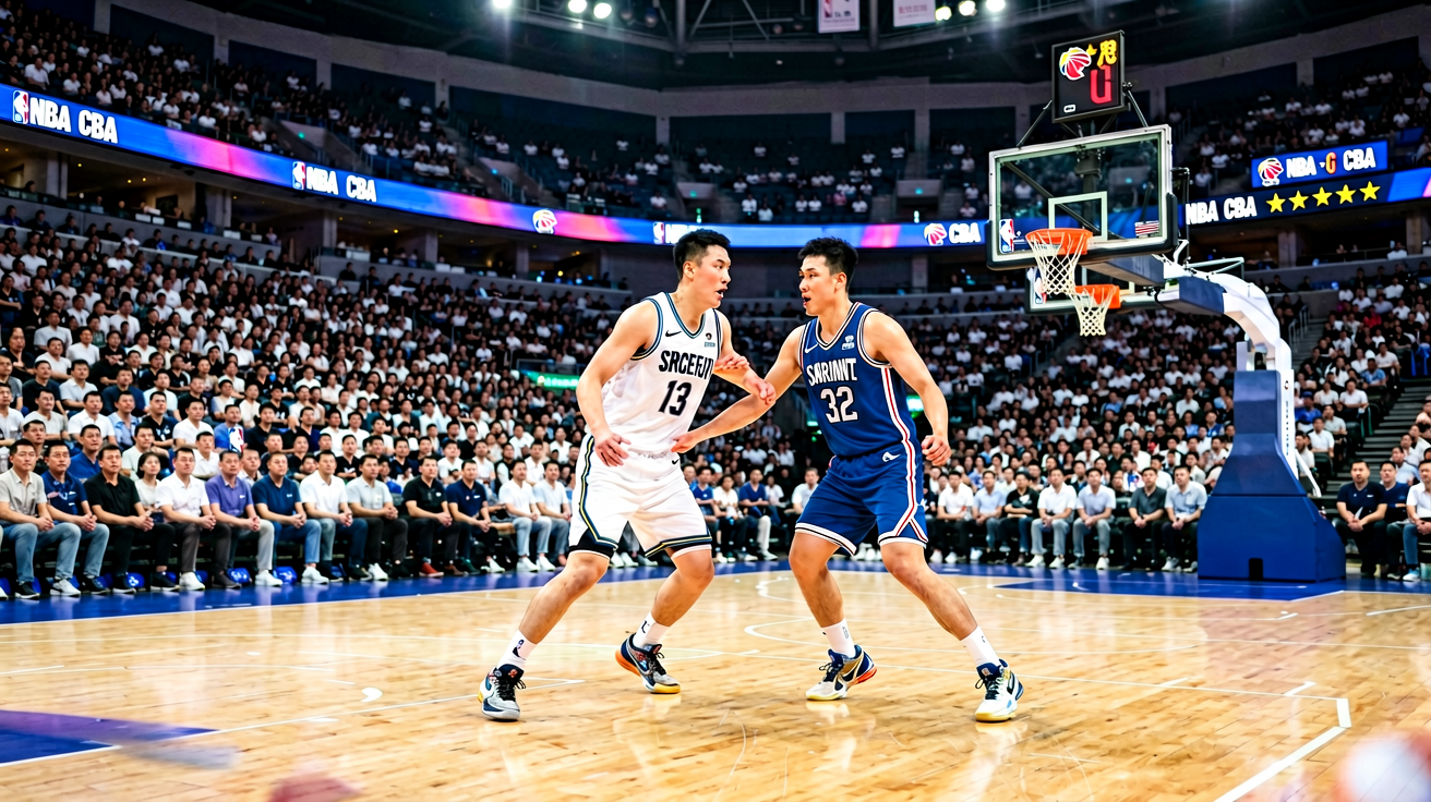 篮球场馆内NBA比赛现场，观众席座无虚席，球员在场上激烈对抗